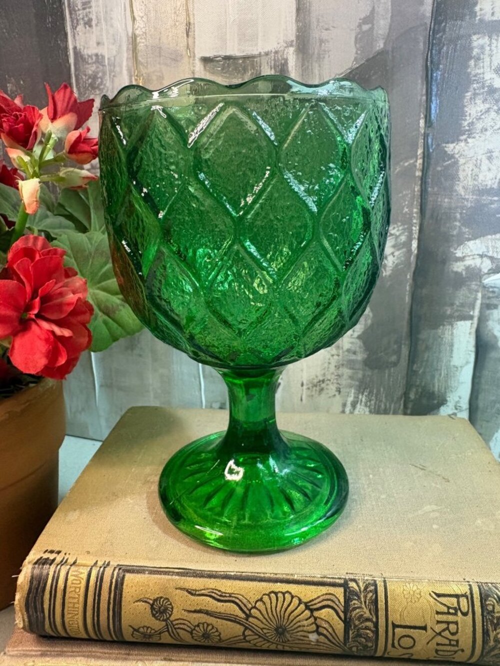 Indiana Glass Vintage Green Glass Harlequin Pedestal Goblet Small Compote MCM